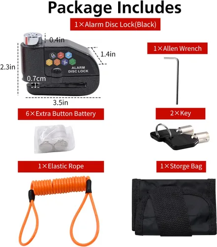 Vista 2 de Set de Candado de Disco con Alarma, Candado de Freno, Antirrobo Impermeable 110 dB con Pasador de 7 mm y Cable de Recordatorio de 1.5 m