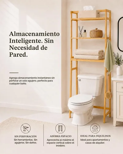 Vista 3 de Almacenamiento sobre el inodoro, estante de almacenamiento de baño de bambú Ntural