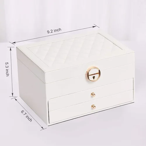 Vista 3 de Mohoeey Joyero para mujeres y niñas, organizador de joyas grande de piel sintética con 2 cajones para regalos de Navidad y Año Nuevo, color blanco