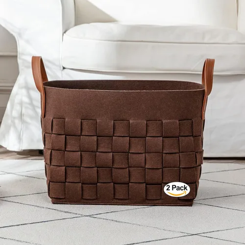 Vista 8 de boldmonkey Cesta para mantas de 15 x 13 x 11 pulgadas, paquete de 2 cestas rectangulares grandes para ropa sucia con mango de cuero, cesta suave