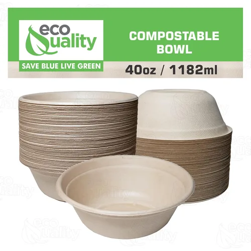 Vista 5 de EcoQuality 100 cuencos desechables redondos de 40 onzas de fibras de bambú de bagazo de caña de azúcar, resistentes, compostables, ecológicos