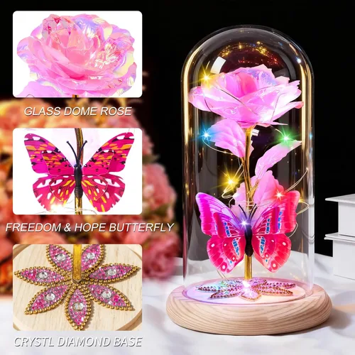 Vista 3 de Beferr Regalos de cumpleaños para mujeres, rosa de cristal de galaxia, flores preservadas para siempre, rosa iluminada en cúpula de cristal, Día