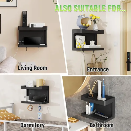 Vista 5 de NiHome Organizador Grande de Mesita de Noche de Madera para Montar en la Pared, Estantes de Almacenamiento Dobles y Ganchos Magnéticos, Estante