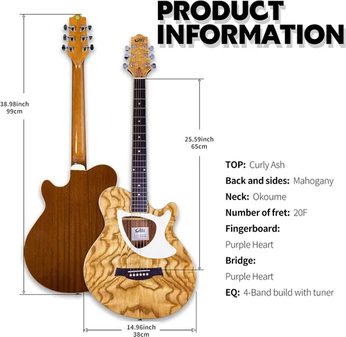 Vista 3 de Guitarra eléctrica acústica de 39 pulgadas, cuerpo delgado, afinador incorporado, cuerpo de acabado natural brillante de madera de fresno