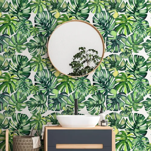 Vista 5 de CHIHUT Papel tapiz de hojas de palmera tropical de Monstera con diseño de acuarela para despegar y pegar botánico para sala de estar, dormitorio