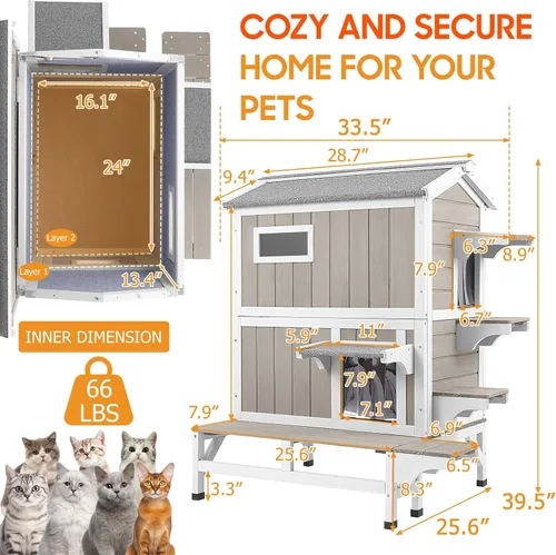 Vista 7 de PetsCosset Casa Aislada para Gatos de Exterior Resistente a la Intemperie con Balcón, Aislamiento Integral, Refugio de Madera para Gatos Ferales
