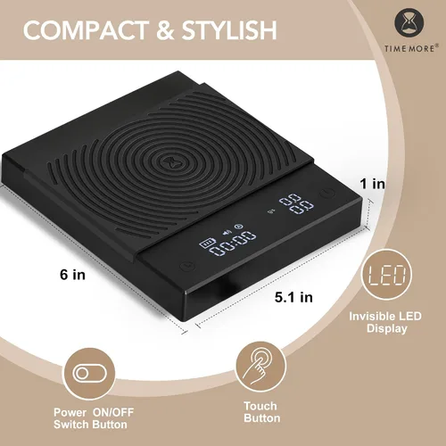 Vista 3 de Báscula de café TIMEMORE Basic 2.0 con temporizador, báscula de espresso de espejo negro con función de tasa de flujo, 2000g/0.1g de alta precisión