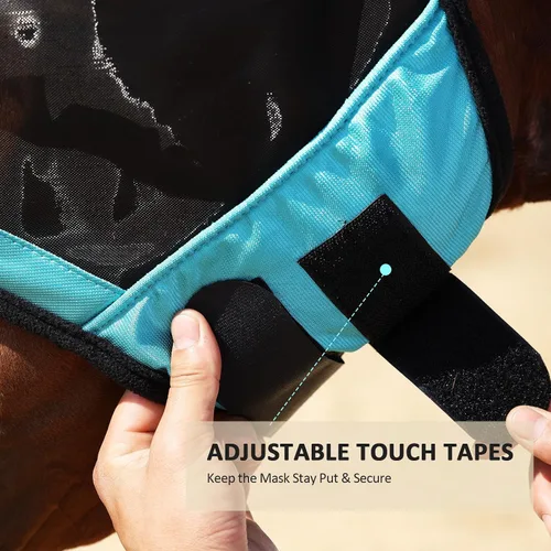 Vista 88 de Harrison Howard Máscara de mosca de caballo luminosa profesional estándar con orejas protección UV para caballo, azul y plateado, pequeño poni Azul