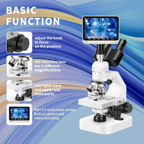 Vista 2 de Microscopio trinocular 40x-2000x Ampliación de doble capa con luces LED en la parte superior e inferior, perillas de enfoque dual gruesas