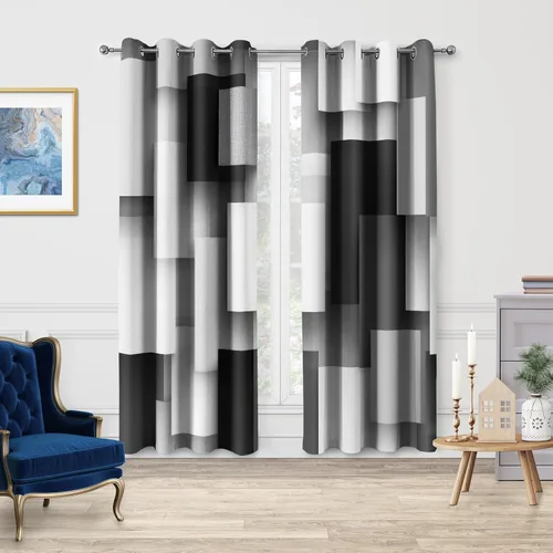 Vista 2 de Jekeno Cortinas blancas y negras para ventana, diseño moderno de ladrillo abstracto en 3D, cubos futuristas, geométricos, cuadros, bolsillo