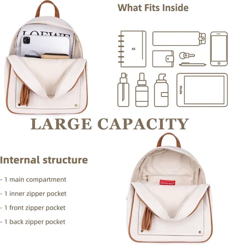Vista 5 de Montana West Mochila mediana para mujer, mochila antirrobo con cremallera segura y borla, Mochila Beige y Marrón, Mochilas de viaje