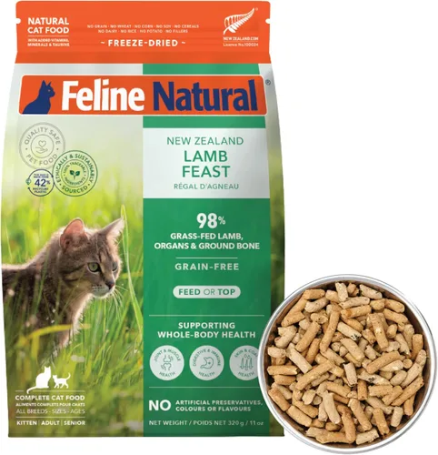 Vista 15 de Alimento para gatos seco de alta proteína Feline Natural, dieta liofilizada con 98% de carne, órganos y mariscos, sin guisantes, granos o aditivos