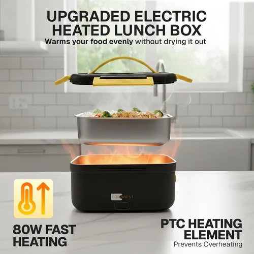 Vista 2 de FORABEST Lonchera térmica – Fiambrera eléctrica de 80 W – Calentador de alimentos portátil – Contenedor de acero inoxidable de 1.5 L, utensilios
