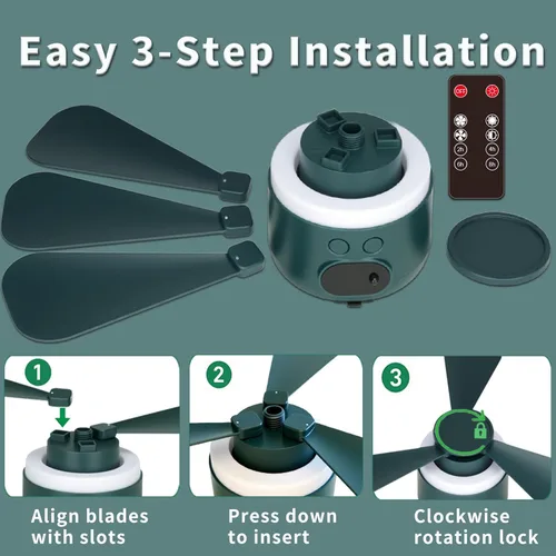 Vista 9 de Ventilador de techo inalámbrico portátil con control remoto, diseño de 3 aspas, batería de 10040 mAh operado por pilas, ventilador colgante
