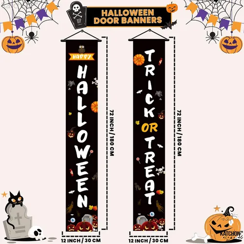 Vista 2 de KatchOn, Cartel de Feliz Halloween de Trick or Treat – Grande, 72 x 12 pulgadas Cartel negro para puerta de Halloween para decoraciones
