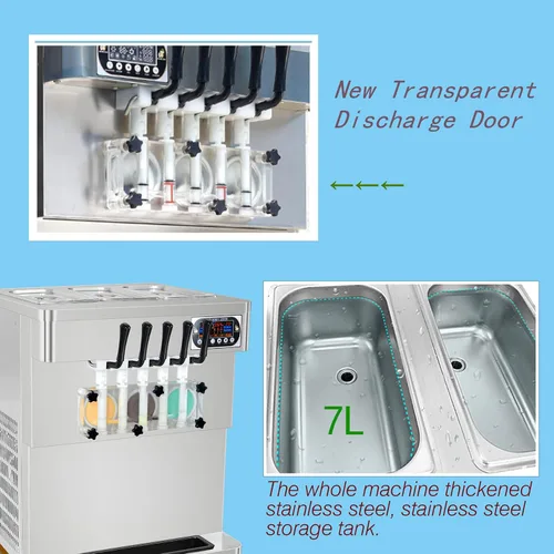 Vista 4 de Máquina comercial de helado de 3+2 sabores mixtos, máquina de helado de 5 sabores con puerta de descarga transparente completa y 5 formas diferentes