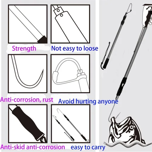 Vista 4 de SAN LIKE Garfio de pesca telescópico de aluminio/fibra de vidrio con mango de goma antideslizante Gancho de acero inoxidable con tornillo M8