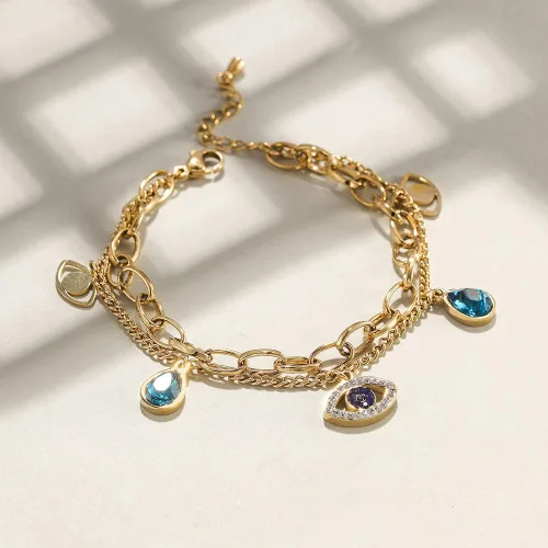 Vista 2 de CIUNOFOR Pulseras de ojo turco rellenas de oro de 14 quilates para mujer, pulsera de cuentas ajustables, linda pulsera contra el mal de ojo
