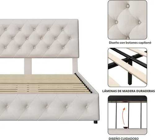 Vista 6 de TTVIEW Base de cama de tamaño matrimonial con 4 cajones de almacenamiento y cabecera ajustable, plataforma tapizada con diseño capitoné, soporte