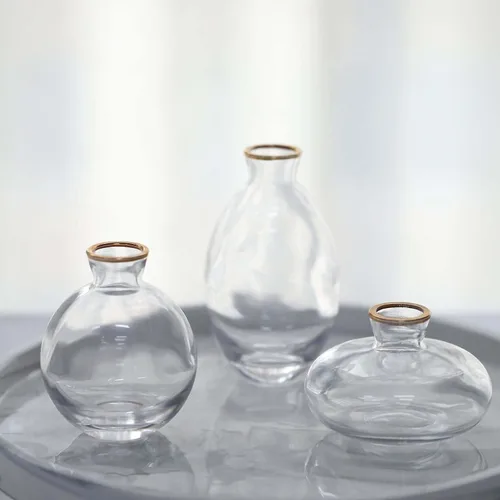 Vista 9 de Efavormart - Juego de 3 centros de mesa pequeños de cristal transparente con borde dorado metálico, jarrones florales modernos, varios tamaños