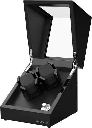 Vista 3 de TRIPLE TREE Enrollador de reloj doble para relojes automáticos, caja automática de reloj con acabado de piano de carcasa de madera, con motor