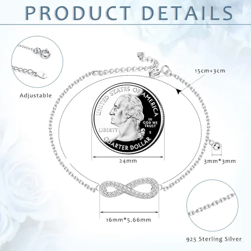Vista 2 de Sllaiss Pulsera de plata de ley 925 con infinito para mujer, cadena de eslabones pequeños, ajustable, 6 pulgadas para aniversario