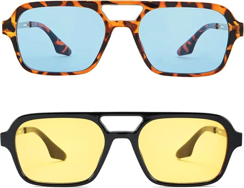 Vista 5 de Hycredi Lentes de sol planos estilo aviador retro de los años 70, gafas cuadradas vintage de moda para mujeres y hombres, diseño de metal, sombras