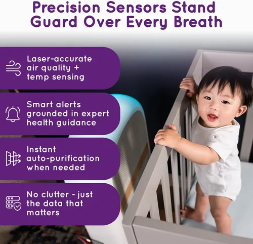Vista 4 de Purificador de aire para bebé Diseño patentado de sueño seguro Filtración HEPA de grado médico Calidad del aire precisa láser y sensores