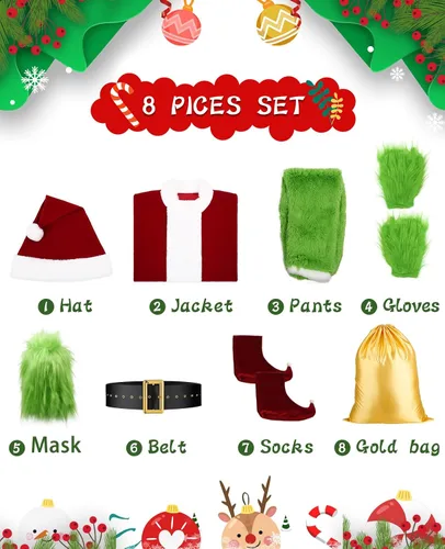 Vista 4 de Koquena Green Santa Claus Costume for Men Halloween Green Monster Costume Outfit 8 Pcs Deluxe Adult Green Santa Suit