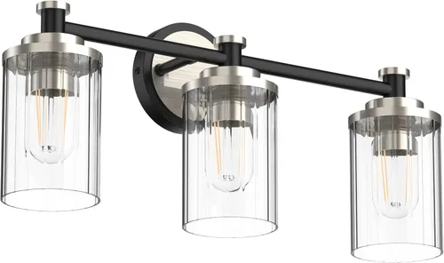 Vista 14 de Luminarias de Baño Negras y Cromadas con Pantalla de Vidrio Transparente de Rayas Cilíndricas Base de Casquillo E26 Luminarias de Baño Sobre Espejo