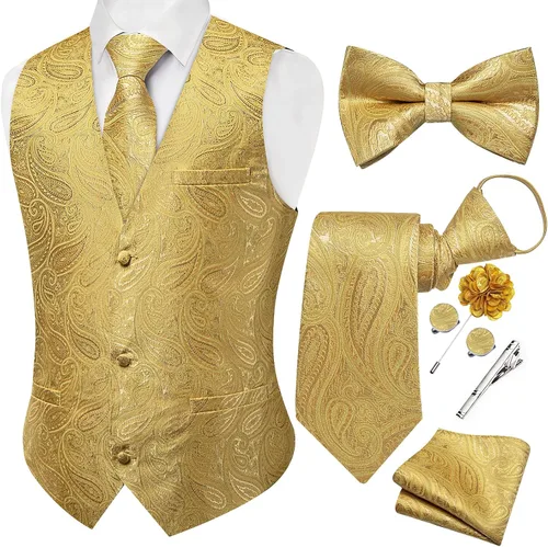 Vista 31 de DiBanGu Conjunto de chaleco de traje de cachemira y corbata preatada para Dorado y Negro