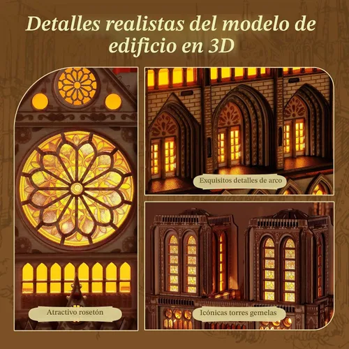 Vista 4 de FUNPOLA Rompecabezas 3D de Madera LED - Modelo de Arquitectura de Notre Dame de París Edición Nocturna con Iluminación LED - Kit de Artesanía