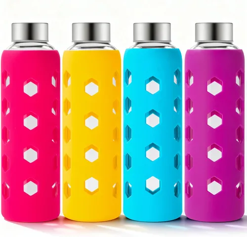 Vista 13 de Mrsdry Botellas de jugo de vidrio con tapas y fundas de silicona de 18 onzas, paquete de 4 botellas de agua reutilizables de vidrio transparente