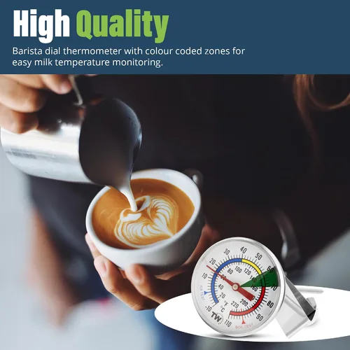 Vista 6 de Termómetro de leche para vaporizar leche - Ideal como termómetro de temperatura de café con sonda de acero inoxidable de 175 mm y clip para café