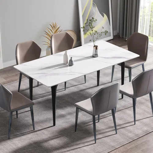 Vista 11 de Mesa de comedor de cocina de 63 pulgadas para comedor, cocina, comedor, espacio compacto con mesa de piedra sinterizada, 4 patas de metal negro