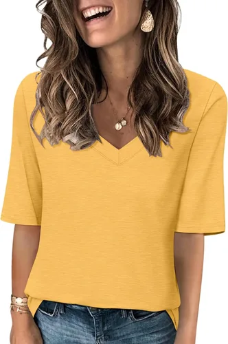 Vista 18 de Minetom Camisetas de verano básicas de media manga con cuello en V para mujer