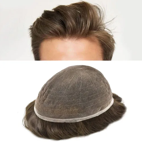 Vista 99 de Toupee para hombres Piezas de cabello humano real, encaje francés completo para hombres, pieza de cabello, nudos blanqueados, línea capilar natural