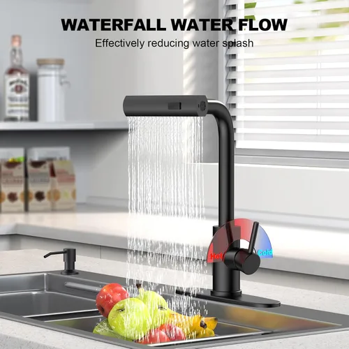 Vista 3 de AVSIILE Grifos de cocina en cascada de color negro mate con rociador desplegable y dispensador de jabón, un solo orificio y mango, grifo extraíble