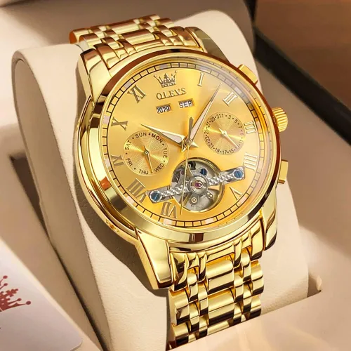 Vista 2 de OLEVS Relojes de cuerda automática para hombre, reloj mecánico automático Tourbillon de acero inoxidable con doble calendario, impermeable, luminoso