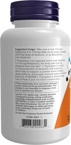 Vista 3 de NOW Suplementos, L-triptófano en polvo, forma libre, apoya la relajación*, aminoácidos, 2 onzas