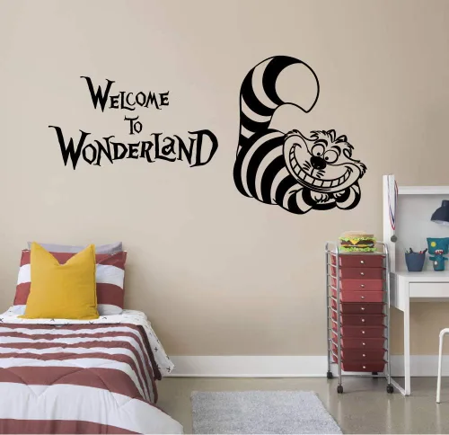 Vista 2 de Alicia en el país de las maravillas - Gato de Cheshire Welcome to Wonderland - Adhesivo decorativo de vinilo para decoración del hogar para niños