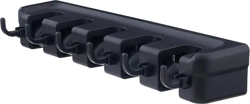 Vista 4 de Superio Soporte de pared para fregona y escoba (negro) Herramientas de limpieza Organizador de pared, 5 ranuras para estante y 6 ganchos