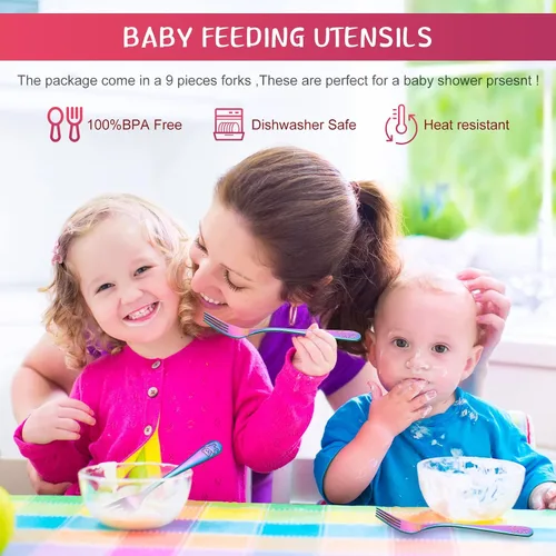 Vista 5 de Minatee Juego de cubiertos de 6 tenedores de arco iris para niños pequeños, cubiertos pequeños de grado alimenticio, cubiertos de acero inoxidable