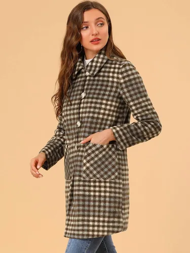 Vista 4 de Allegra K Abrigo largo a cuadros de mezcla de lana elegante de invierno con cuello de rotación para mujer