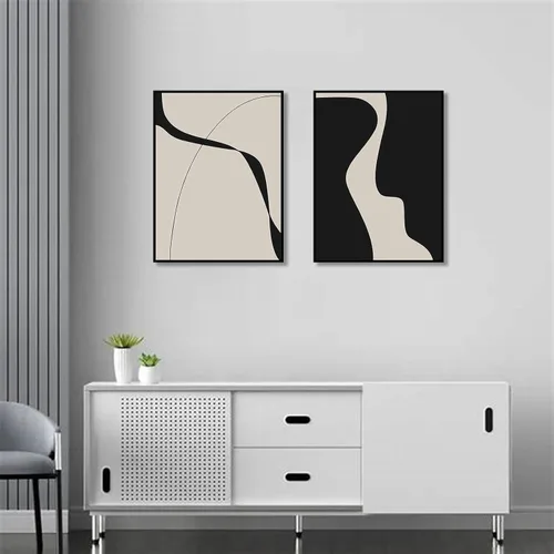Vista 5 de BOKPEN Arte de pared de lienzo abstracto en blanco y negro, pinturas minimalistas de líneas, obras de arte, póster geométrico de mediados de siglo