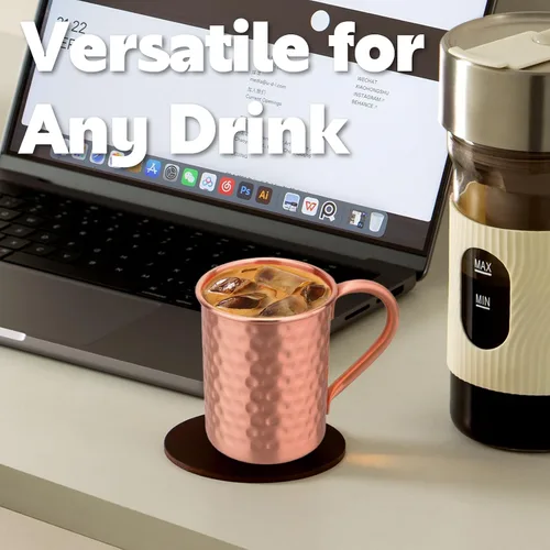 Vista 6 de Juego de 2 tazas de cobre 100% puro, tazas Moscow Mule con asa, taza de cobre para beber en frío, taza con acabado martillado a mano, regalos
