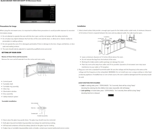 Vista 6 de BLACK+DECKER Horno de microondas compacto de encimera de 700 vatios de 0.7 pies cúbicos con iluminación LED, bloqueo para niños Negro