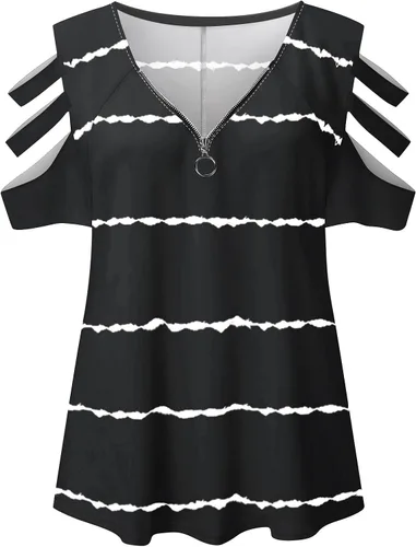 Vista 3 de kangguolai T Shirt Women Soft Blouse for Women Western Shirt Zipper Pullover Short Sleeve Color Block V Neck Fashion