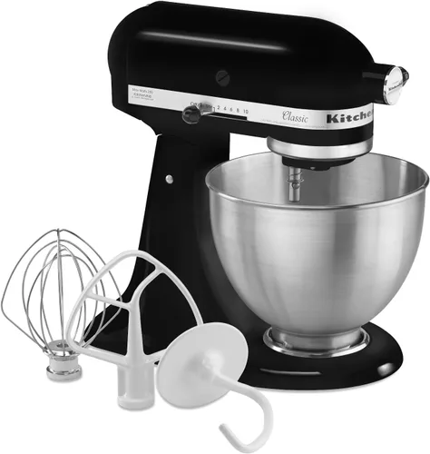 Vista 4 de KitchenAid Classic Series K45SS - Batidora de pie inclinable de 4.5 cuartos de galón, negro ónix y batidora de mano de 5 velocidades ultra potentes