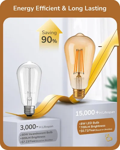 Vista 7 de EDISHINE Paquete de 6 Bombillas LED Edison Vintage 8W Equivalente a 60W, ST64 Bombillas LED Regulables, 700LM 2200K Luz Cálida Ámbar E26, Bombillas
